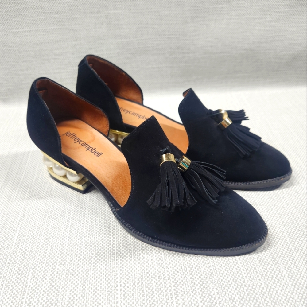Jeffrey Campbell Size 7.5 Civil Pearl Tassel Loafer Black Suede Cutout Shoe Heel